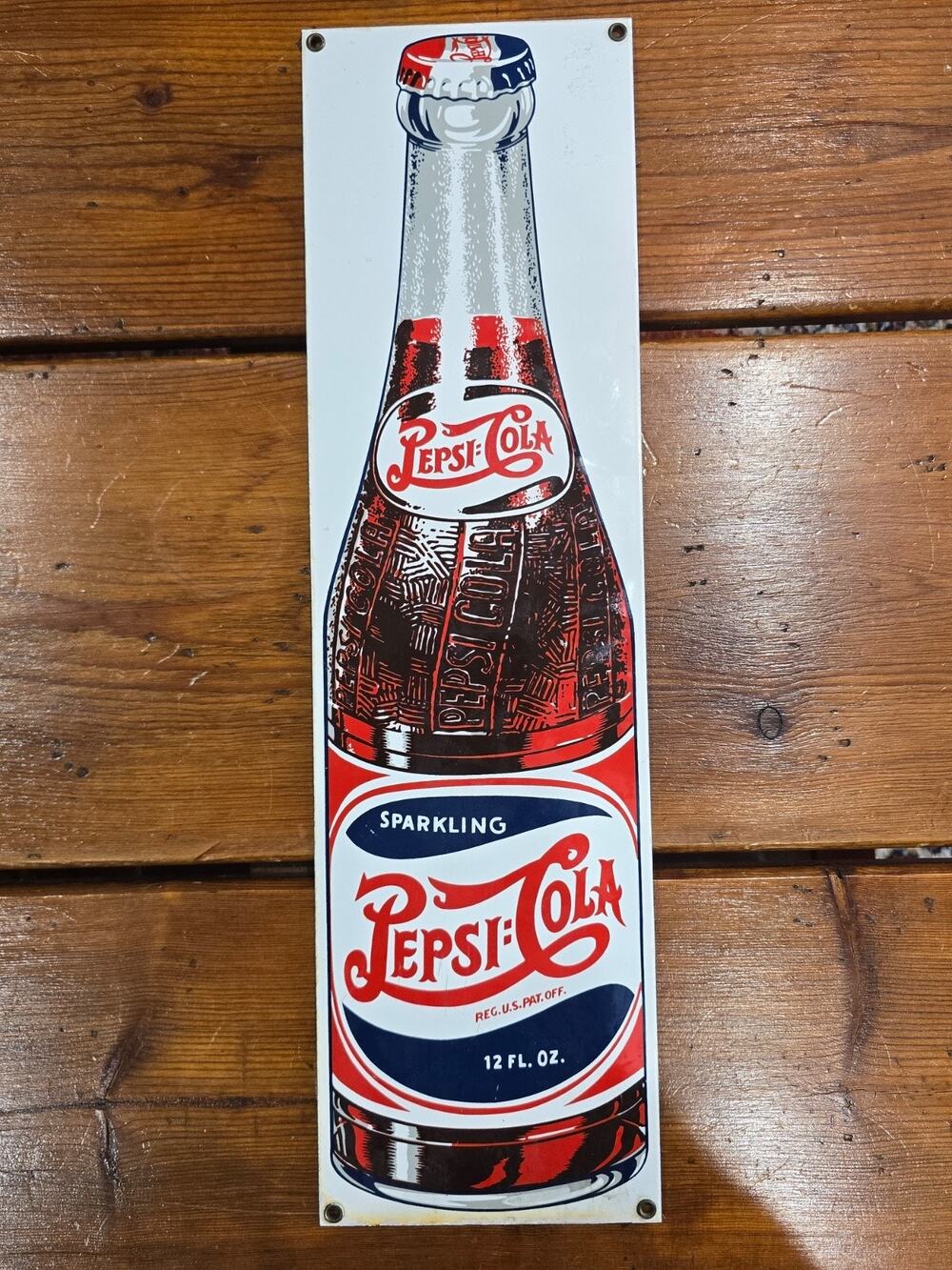 Ande Rooney Porcelain Enamel Pepsi Bottle Double Dot Sign 21"